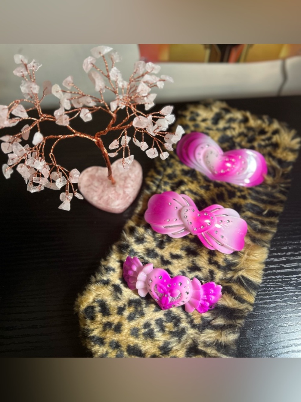 Kids Pink Heart Bow Hair Clips - Set of 3